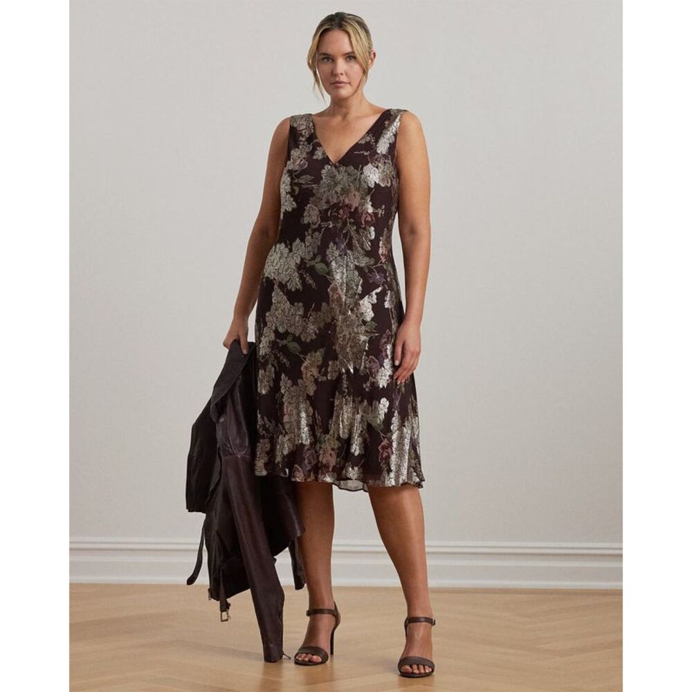 Lauren Ralph Lauren Womens Floral Metallic Jacquard Cocktail Dress 12 Burgundy - Picture 4 of 4